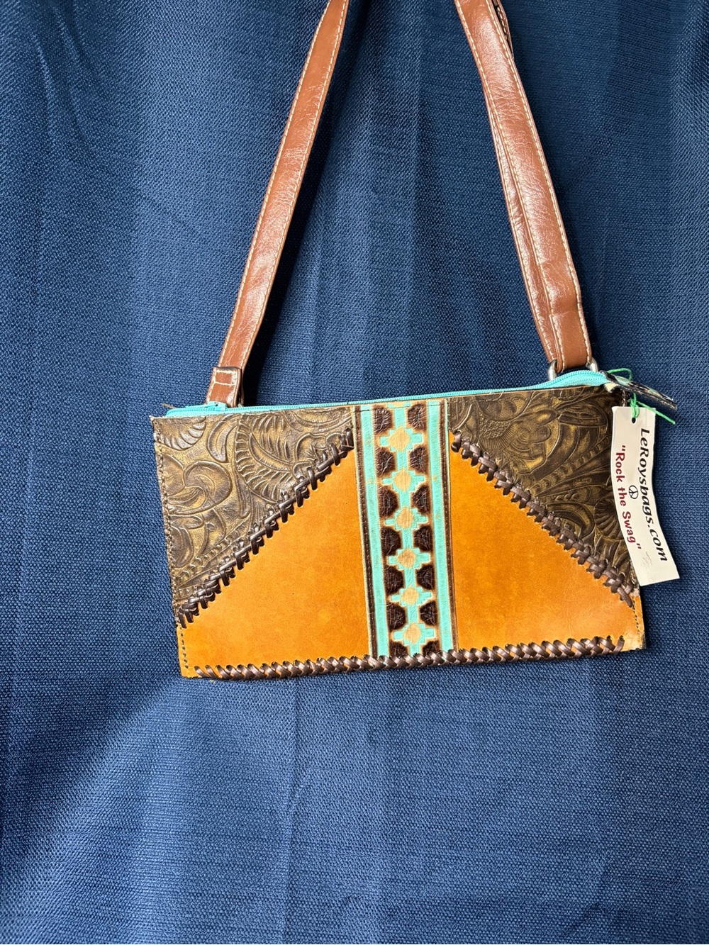 “Rock the Swag” Turquoise & Tan Leather Crossbody